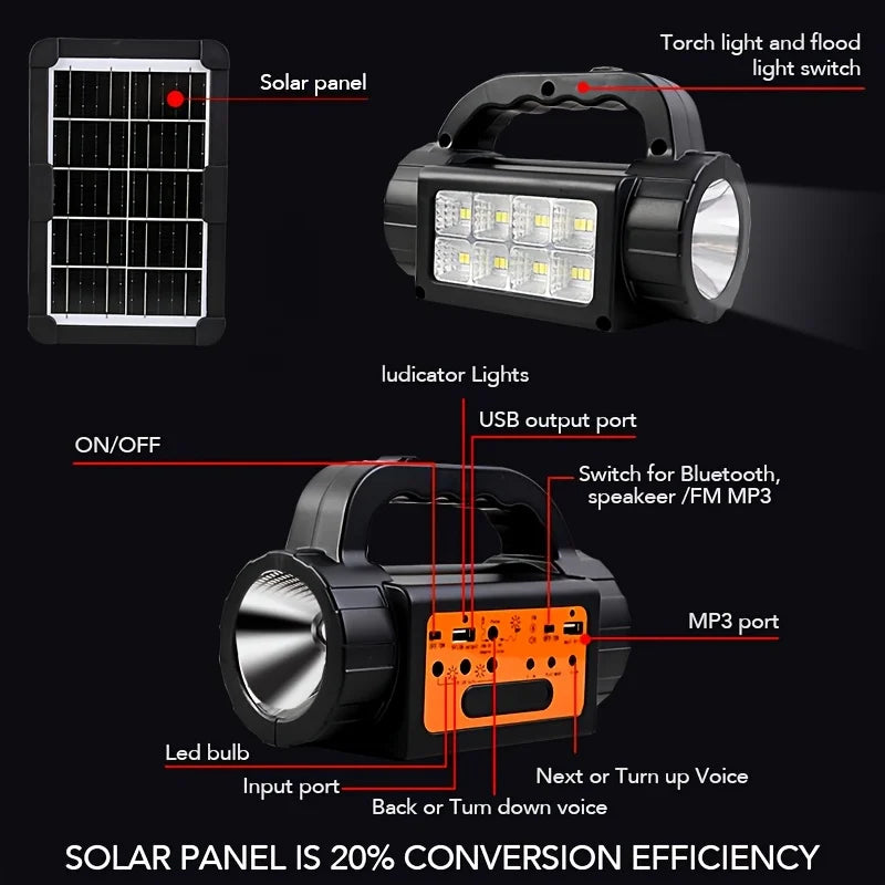 Solar Rechargeable Camping Lights Outdoor, Powered Portable LED Camping Lantern, Mini Power Station, Solar Kit Lighting System, Generator, Power Bank, Torch Flash Flood Search Emergency Light with USB Speaker FM MP3 Drive 3 Led Bulbs