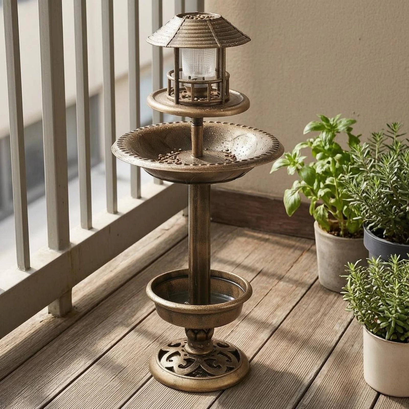 Decorative Birdbath Combo Scalloped Solar Bird Bath Garden Decor PP Plastic for Outdoor