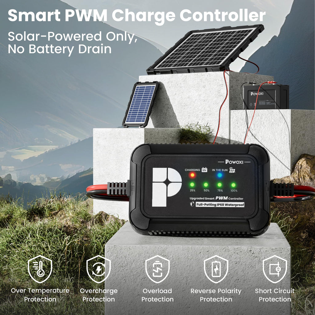 POWOXI Upgraded 7.5W-Solar-Battery-Trickle-Charger-Maintainer-12V Portable Waterproof Solar Panel Trickle Charging Kit for Car, Automotive, Motorcycle, Boat, Marine, RV,Trailer, Snowmobile, etc.