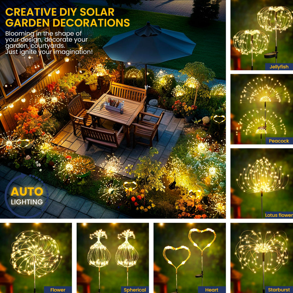GIGALUMI 2 Pack Solar Firework Lights Outdoor, Garden Decor, Warm White | 120 LEDs, Fairy Design, Waterproof, Garden Decor, Solar Powered for Yard, Pathway, Flowerbed, Planter, Balcony, Gifts for Mom