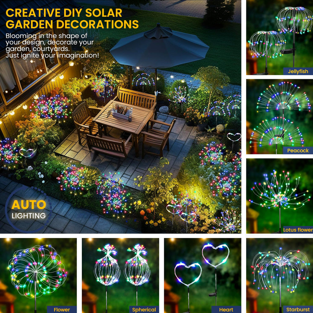 GIGALUMI 2 Pack Solar Firework Lights Outdoor, Garden Decor, Warm White | 120 LEDs, Fairy Design, Waterproof, Garden Decor, Solar Powered for Yard, Pathway, Flowerbed, Planter, Balcony, Gifts for Mom