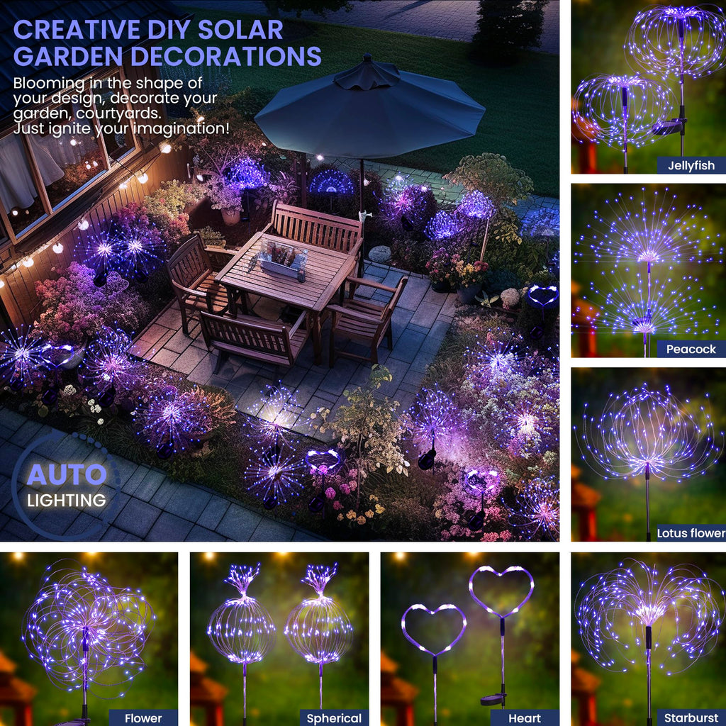 GIGALUMI 2 Pack Solar Firework Lights Outdoor, Garden Decor, Warm White | 120 LEDs, Fairy Design, Waterproof, Garden Decor, Solar Powered for Yard, Pathway, Flowerbed, Planter, Balcony, Gifts for Mom
