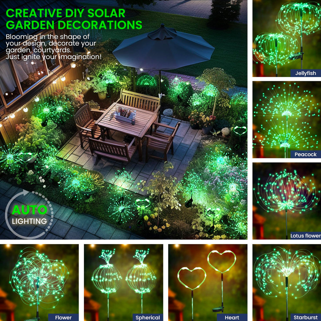 GIGALUMI 2 Pack Solar Firework Lights Outdoor, Garden Decor, Warm White | 120 LEDs, Fairy Design, Waterproof, Garden Decor, Solar Powered for Yard, Pathway, Flowerbed, Planter, Balcony, Gifts for Mom