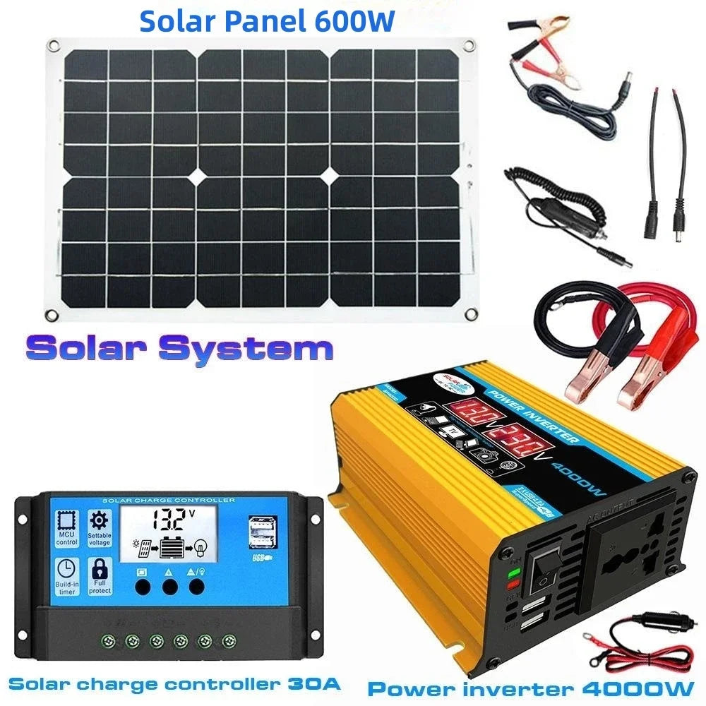 600W Solar Panel with 6000W Inverter 12V to 110V 220V Power Generation System for Home Car Outdoor Mobile Phone Charging USB