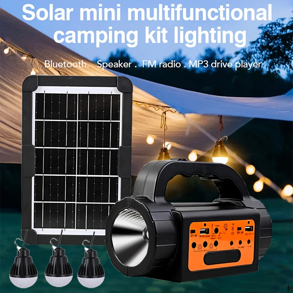 Solar Rechargeable Camping Lights Outdoor, Powered Portable LED Camping Lantern, Mini Power Station, Solar Kit Lighting System, Generator, Power Bank, Torch Flash Flood Search Emergency Light with USB Speaker FM MP3 Drive 3 Led Bulbs