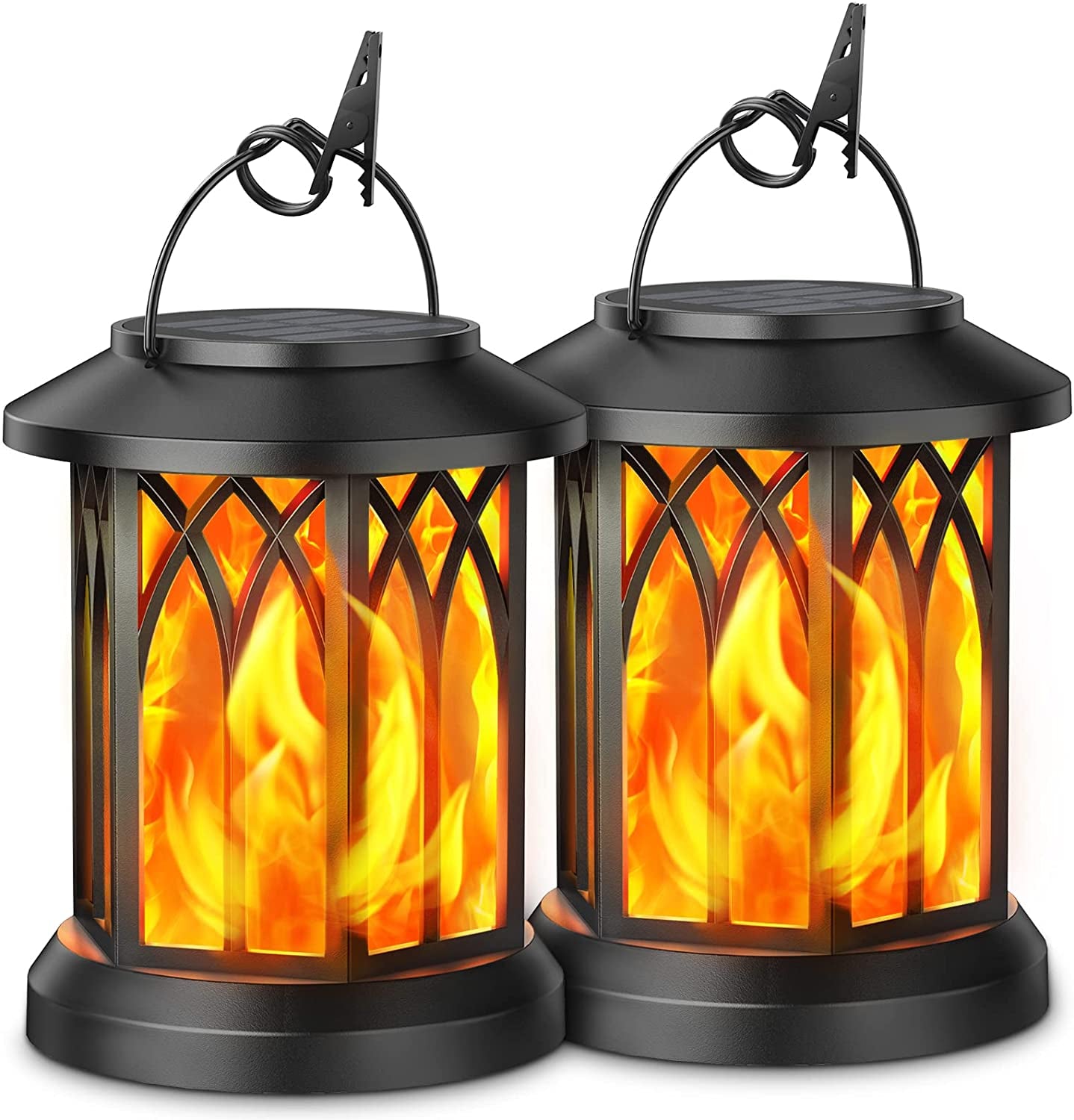 Hanging Solar Lights Lantern Outdoor, Flickering Flames Solar Outdoor Lights, Solar Lanterns Outdoor Waterproof with Bigger Panel, Lanterns Decorative Outdoor for Yard Garden Decor, 2 Pack