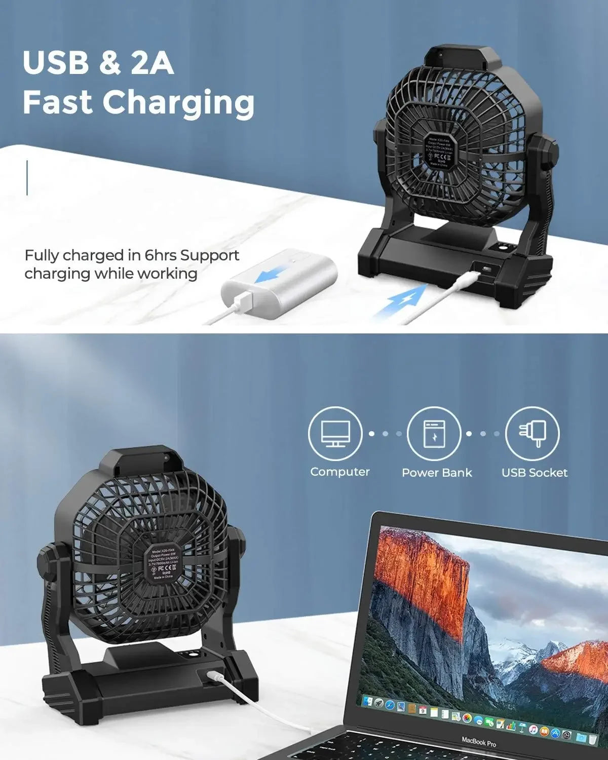 Portable Camping Fan, Rechargeable Battery Powered Tent Fans for Camp Hanging, [8-36Hrs Runtime], 9 Inch, Stepless Speed, Powerf