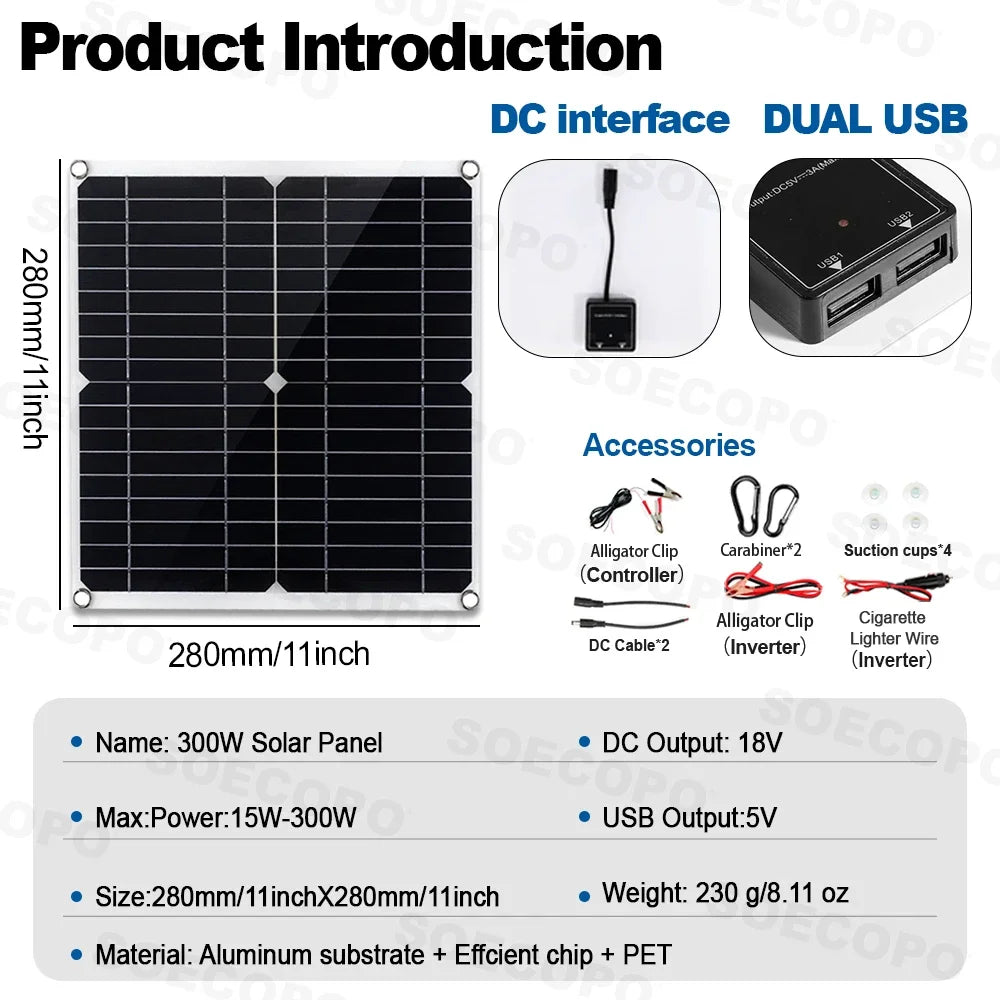 10000W Solar System Complete Set Dual USB Inverter 220V 300W Solar Panel 100A Controller for RV Camping Home Backup CE FCC