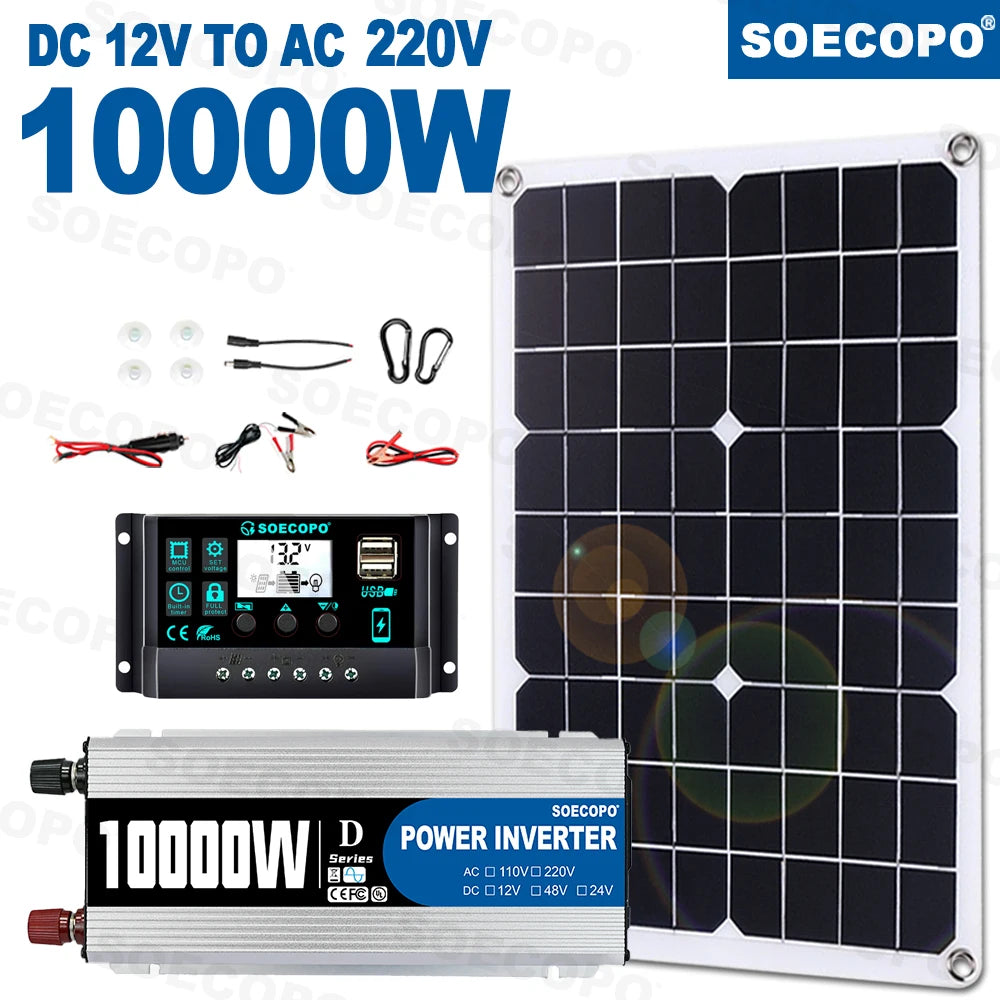 10000W/1100W Solar System DC12V to 220V Off-Grid Inverter System 100A Controller 500W Panel Inverter for Home RV Camping CE