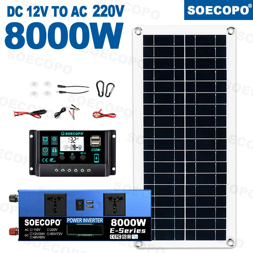 SOECOPO 8000W Solar System Kit 200W Panel 100A Controller Intelligent Dual Voltage Inverter DC 12V 24V to AC 110V 220V for Home