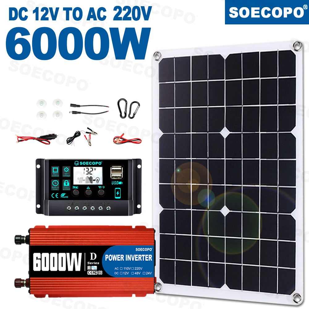 Complete Solar Kit-Solar Panel+650W/ 6000W Peak Inverter+Controller Plug&Play Off-Grid Power for Home& RV Energy Station