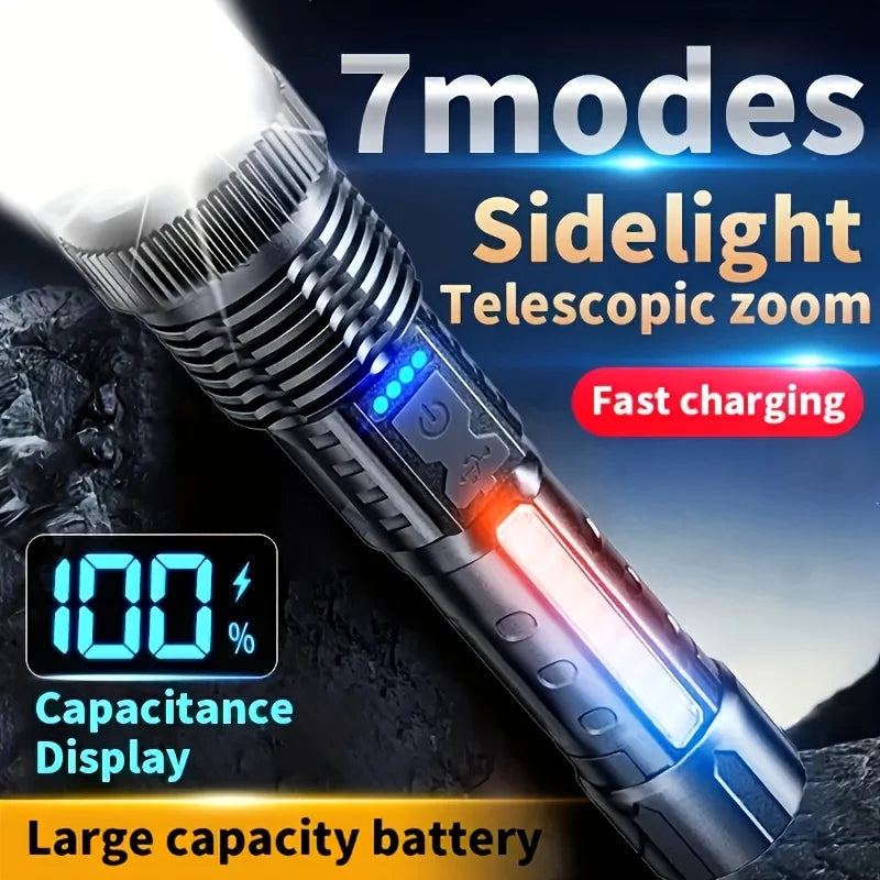 Powerful LED Flashlight Battery Display USB Rechargeable Light Telescopic Zoom Torch Lamp Outdoor Camping Fishing Lantern