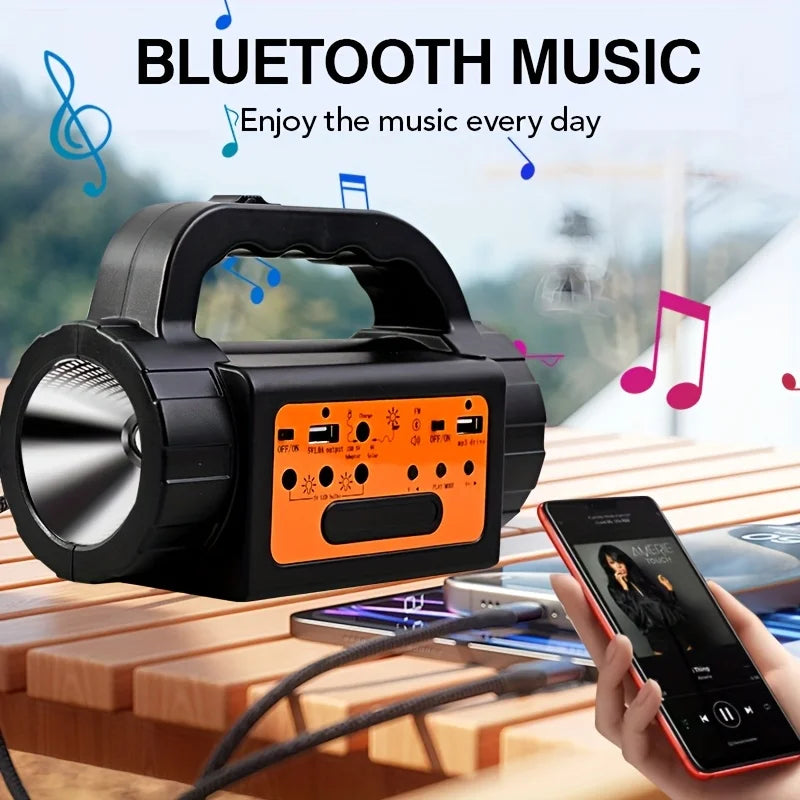 Solar Rechargeable Camping Lights Outdoor, Powered Portable LED Camping Lantern, Mini Power Station, Solar Kit Lighting System, Generator, Power Bank, Torch Flash Flood Search Emergency Light with USB Speaker FM MP3 Drive 3 Led Bulbs