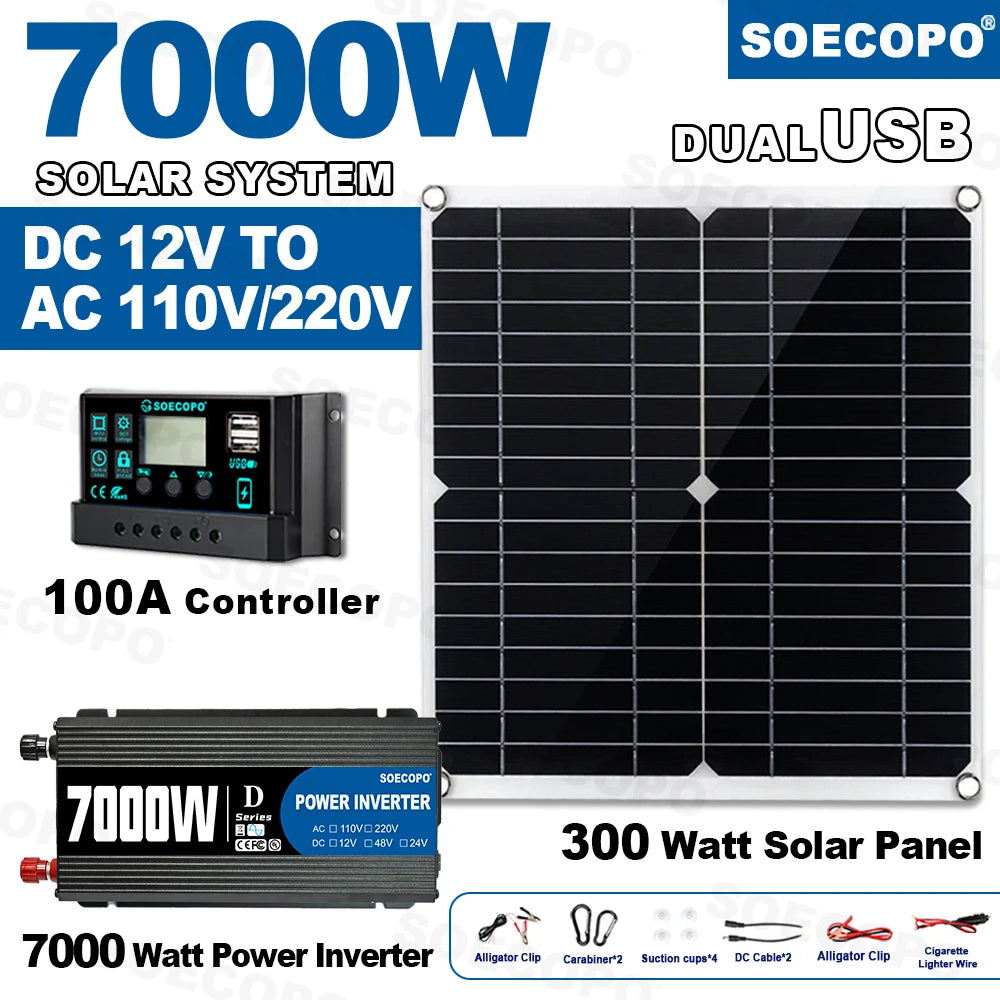 7000W Inverter Kit 12V 110V220V 300W Solar Panel 100A Controller & Battery Charger for Shed/Lighting/Camping, Easy Installation