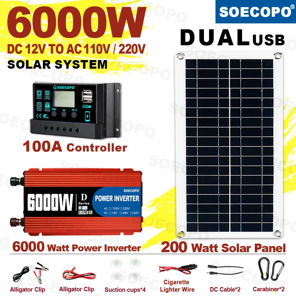 6000W Inverter & Solar System Complete Kit 12V to 110V/220V 100A Controller 300W Panel Off-Grid System for Home/Camping Backup