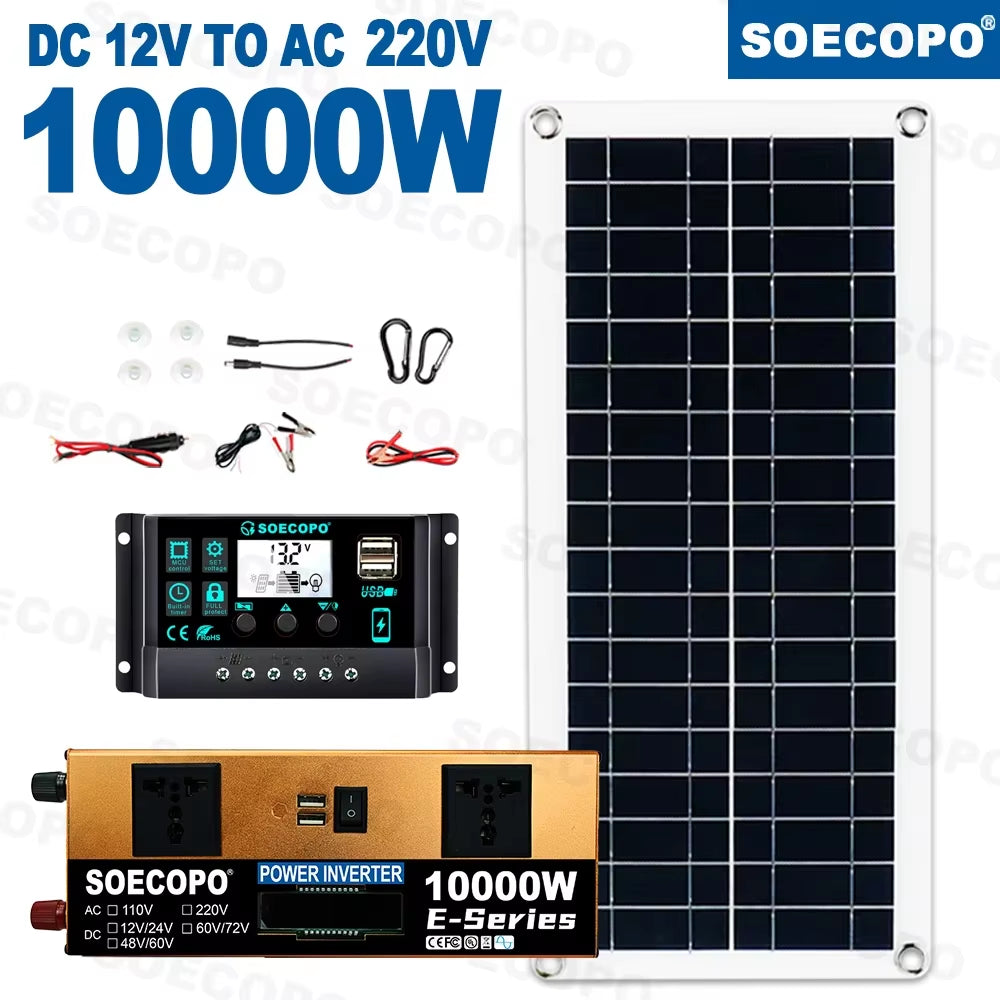 10000W Solar System Complete Kit Dual12V/24V to 110V/220V Inverter 100A Controller 200W Panel Off-Grid for Home/Camping Backup
