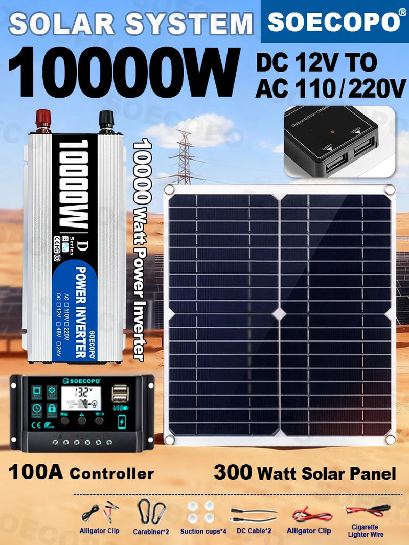 10000W Complete Solar Power Kit | 300W Panel + 100A Controller + 10000W Inverter 12V to 110V/220V Emergency Backup for Home,Rv