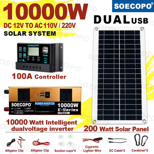 10000W Solar System Complete Kit Dual12V/24V to 110V/220V Inverter 100A Controller 200W Panel Off-Grid for Home/Camping Backup