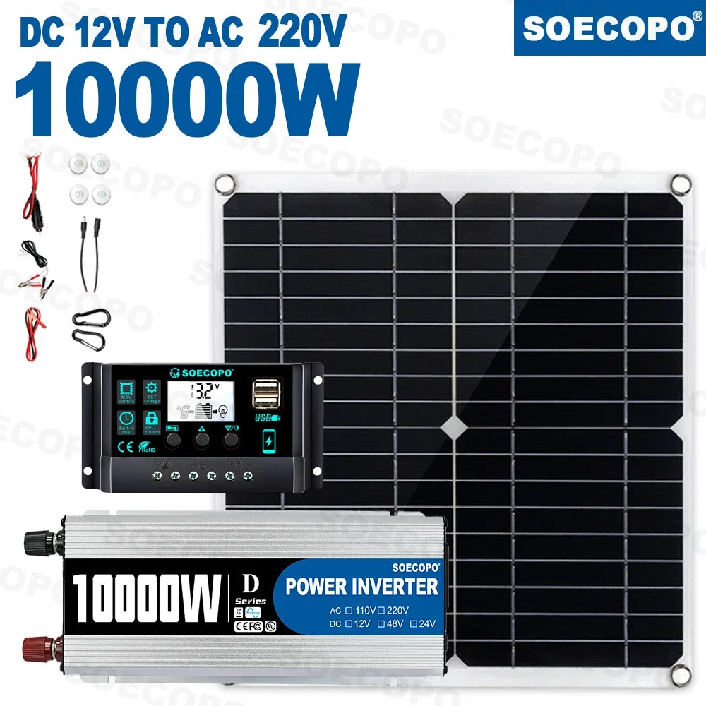 10000W Solar System Complete Set Dual USB Inverter 220V 300W Solar Panel 100A Controller for RV Camping Home Backup CE FCC