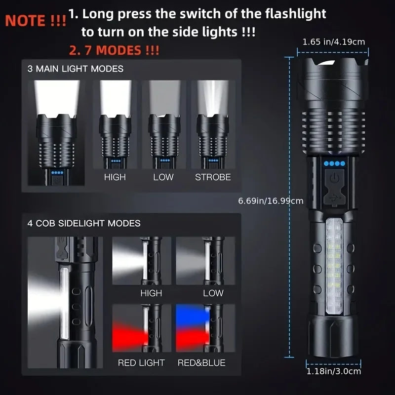 Powerful LED Flashlight Battery Display USB Rechargeable Light Telescopic Zoom Torch Lamp Outdoor Camping Fishing Lantern